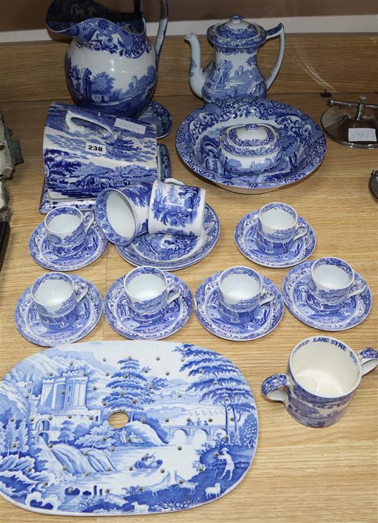 A Victorian blue and white strainer, a collection of Spode blue and white etc
